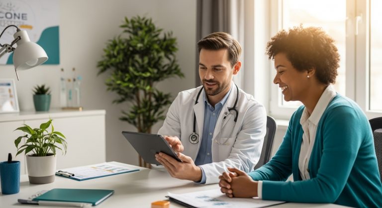 Arzt zeigt Patientin auf Tablette Befunde. Medizinische Beratung, Arztbesuch. Gesundheitswesen und moderne Technologie im Fokus.