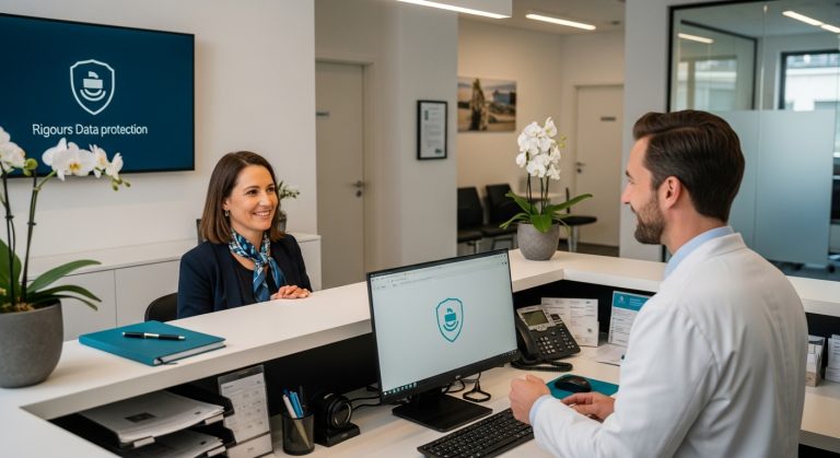 Rigours Data Protection: Empfang mit Arzt und Patientin. Bildschirm zeigt Logo. Fokus auf Datenschutz und Datensicherheit.