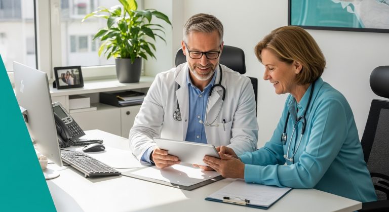 Zwei Ärzte, Mann und Frau, betrachten lächelnd ein Tablet. Arztpraxis mit Schreibtisch, Computer und Pflanze im Hintergrund. Medizin und Gesundheit.