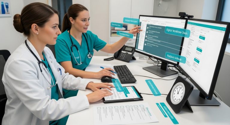 Zwei Ärztinnen arbeiten am Computer mit digitaler Patientenakte und Workflow-System. Fokus auf moderne Gesundheitsversorgung.
