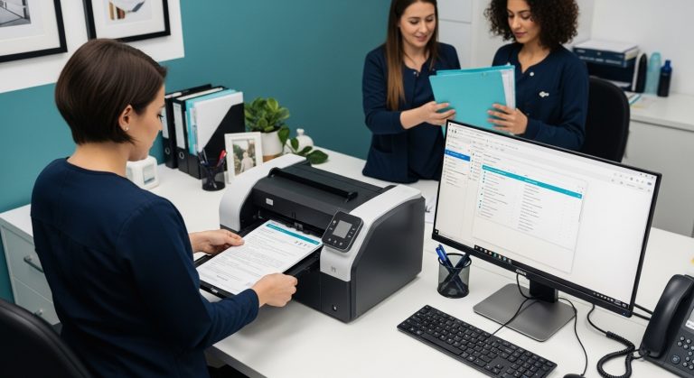 Büroarbeit: Angestellte scannt Dokumente mit Scanner. Zwei Kolleginnen im Hintergrund mit Akten. Computer und Telefon auf dem Schreibtisch.