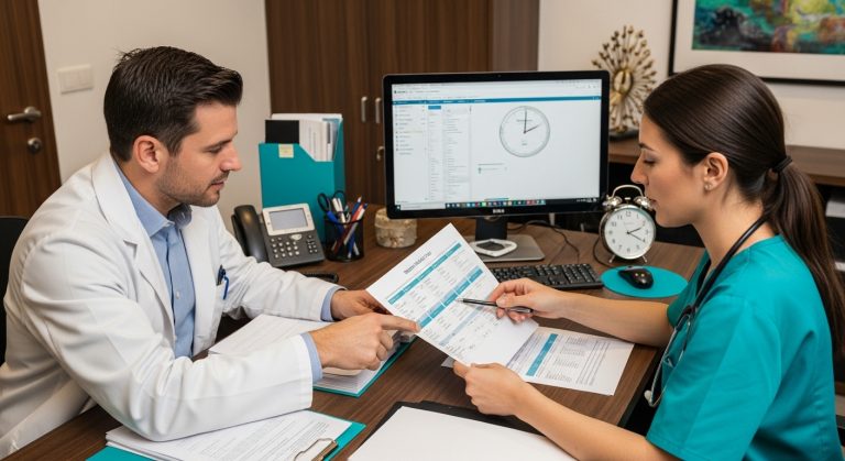 Arzt und Ärztin besprechen medizinische Daten am Schreibtisch. Gesundheitswesen, Arztpraxis, Patientendaten, Telemedizin.