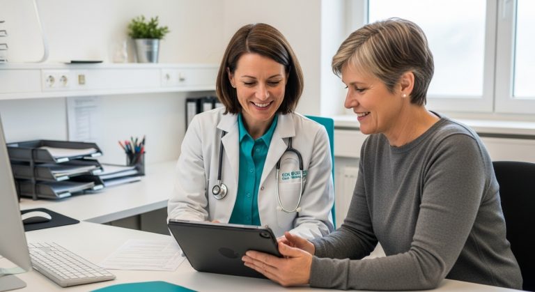 Ärztin berät Patientin mit Tablet. Freundliches Gespräch in der Arztpraxis. Medizinische Beratung und Behandlung. Gesundheitswesen und Arztbesuch.