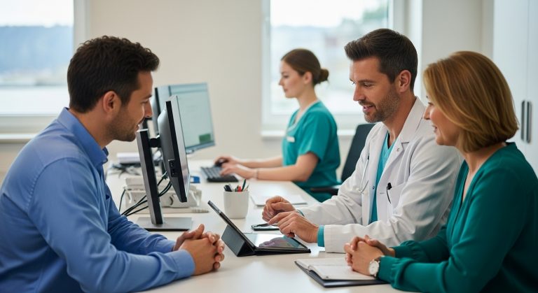 Arzt berät Patientin mit Tablet. Medizinische Beratung im Krankenhaus. Gesundheitswesen und Arztgespräch. Team im Hintergrund.