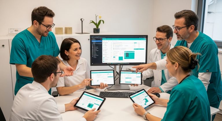 Ärzte-Team arbeitet mit Software auf Tablets und Monitor. Digitale Patientenakte im Fokus. Effiziente Gesundheitsversorgung.