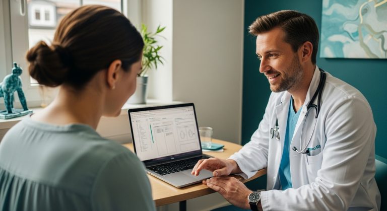 Arzt berät Patientin am Laptop. Medizinische Beratung, Arztgespräch. Gesundheitswesen, Arzt im Gespräch mit Patient. Arztpraxis, Diagnose.