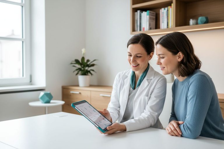 Ärztin erklärt Patientin Diagnose auf Tablet. Arztgespräch in Praxis, moderne Technik. Gesundheitswesen und Medizin.