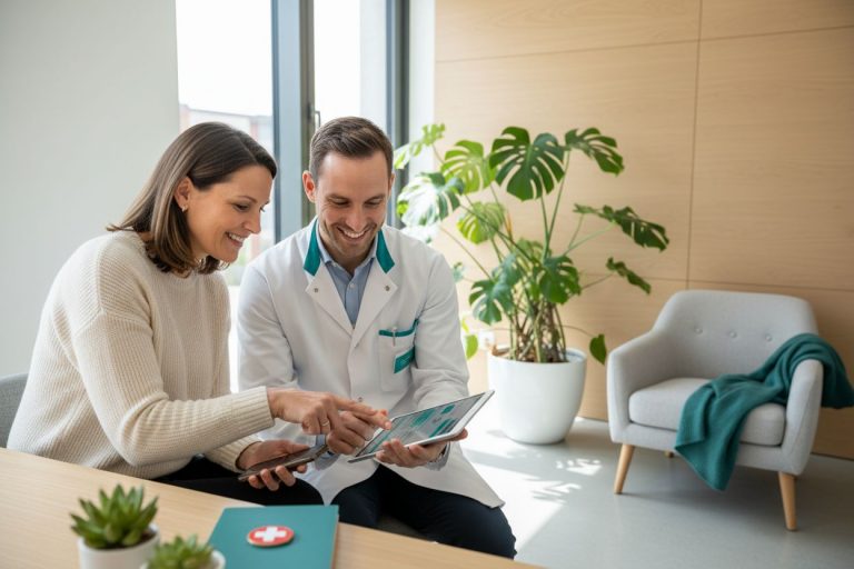 Arzt und Patientin besprechen Gesundheitsdaten auf Tablet. Freundliche Arzt-Patienten-Beziehung im modernen Praxisraum. Medizinische Beratung.