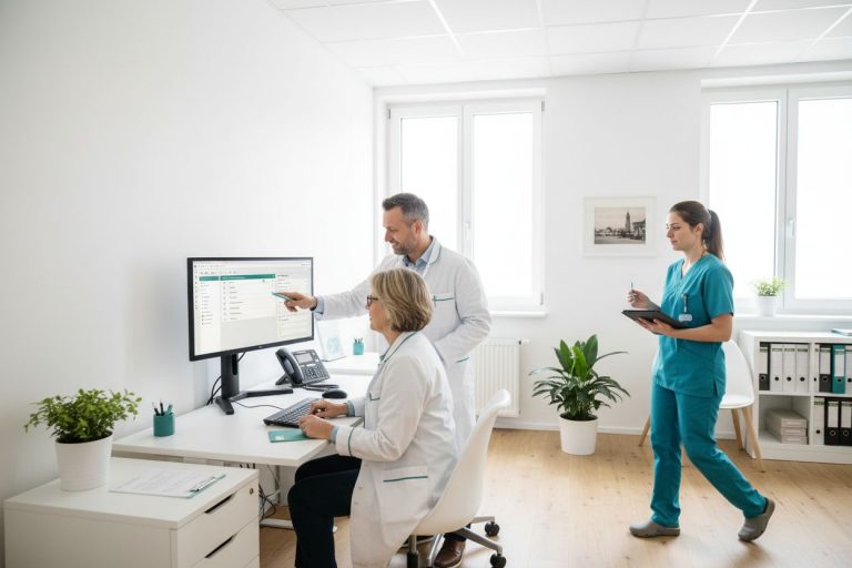 Ärzte arbeiten am Computer, eine Krankenschwester geht vorbei. Medizinische Fachkräfte im Gespräch, Arzt zeigt auf Bildschirm. Praxis-Szene.