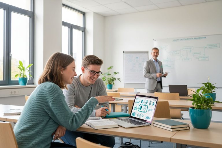 Zwei Studenten arbeiten am Laptop im Klassenzimmer. Dozent erklärt Digitalisierung. Fokus auf Health Digitalization Framework.