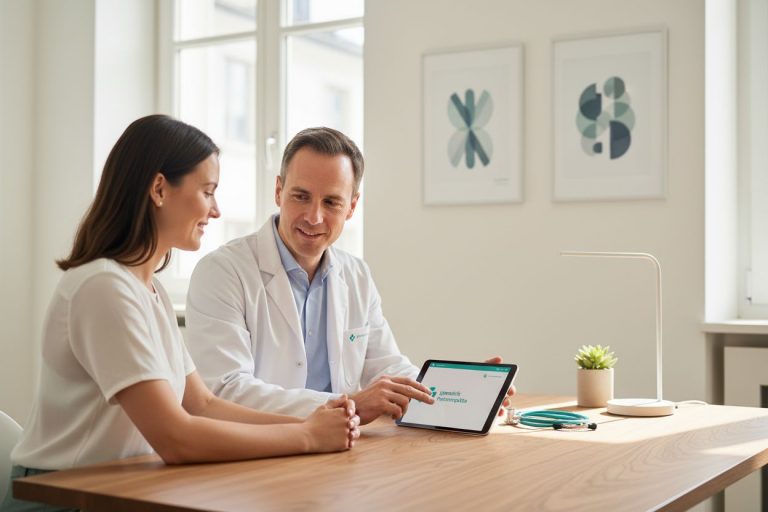 Arzt erklärt Patientin Diagnose auf Tablet. Gelenkexperte zeigt Informationen. Moderne Arztpraxis. Bild 1759666586624.