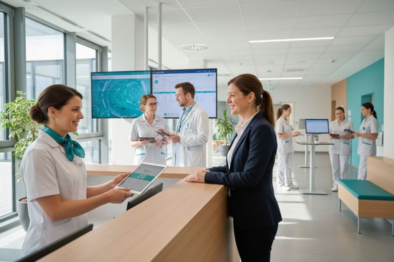 Moderne Klinik: Patientin am Empfang, Ärzte und Pflegekräfte im Hintergrund. Digitalisierung im Gesundheitswesen mit Tablet und Monitoren.