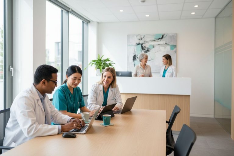 Ärzte-Team arbeitet im hellen Büro mit Laptops. Medizinische Fachkräfte im Gespräch, Patientin am Empfang. Gesundheitswesen und moderne Arztpraxis.
