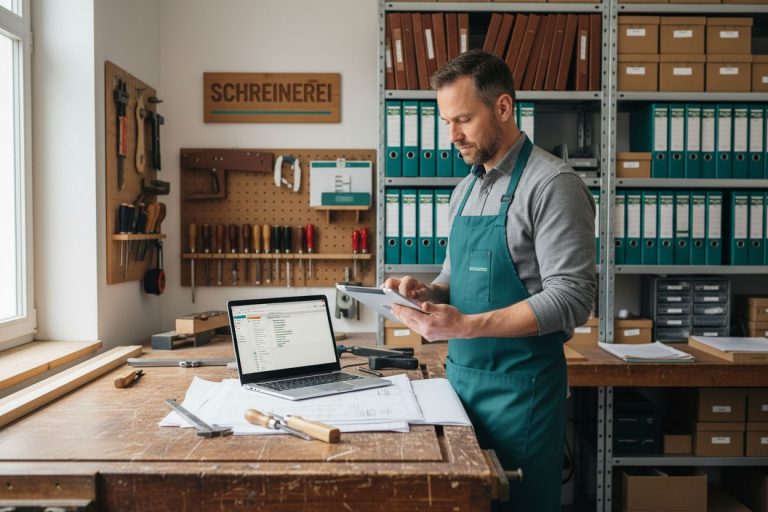 Schreiner in Werkstatt mit Laptop und Tablet. Handwerker plant Projekte. Schreinerei mit Werkzeugen und Materialien. Optimiert für Suchmaschinen.