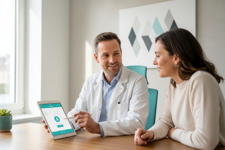 Arzt erklärt Patientin Befund auf Tablet. Arztpraxis mit moderner Technik für Diagnose und Behandlung. Gesundheitswesen im Fokus.