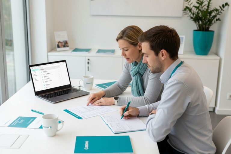 Cashon Beratung: Frau und Mann arbeiten am Laptop an Dokumenten. Fokus auf Finanzplanung und innovative Lösungen.