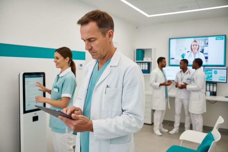 Arzt mit Tablet in moderner Arztpraxis. Kollegen im Hintergrund, Telemedizin-Sitzung auf Bildschirm. Gesundheitswesen, Technologie, Innovation.