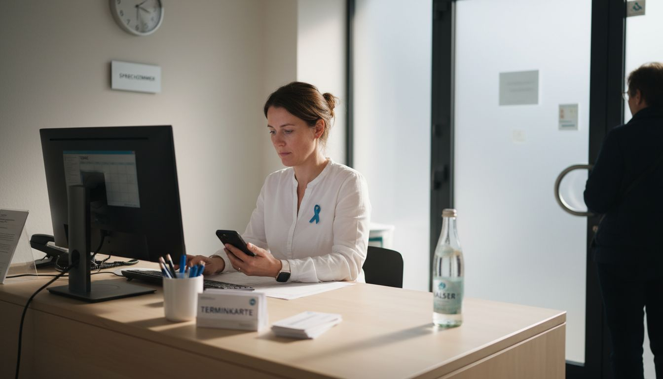 Die Empfangskraft organisiert Online-Termine für Patienten in der Praxis.