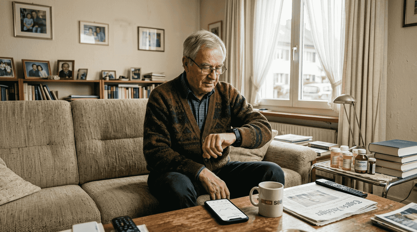 Ein älterer Patient überwacht seine Gesundheitswerte bequem von zu Hause aus mithilfe digitaler Telemonitoring-Systeme.