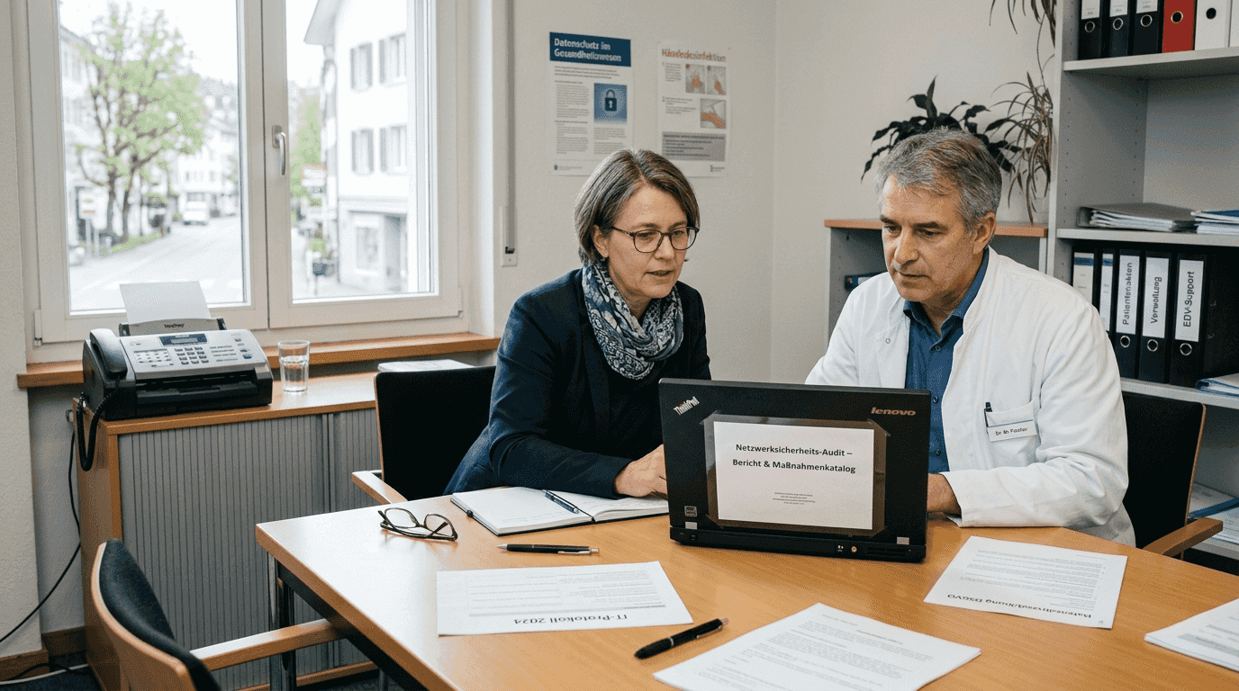 Eine IT-Expertin und ein Arzt tauschen sich über Maßnahmen zur IT-Sicherheit in der Praxis aus.
