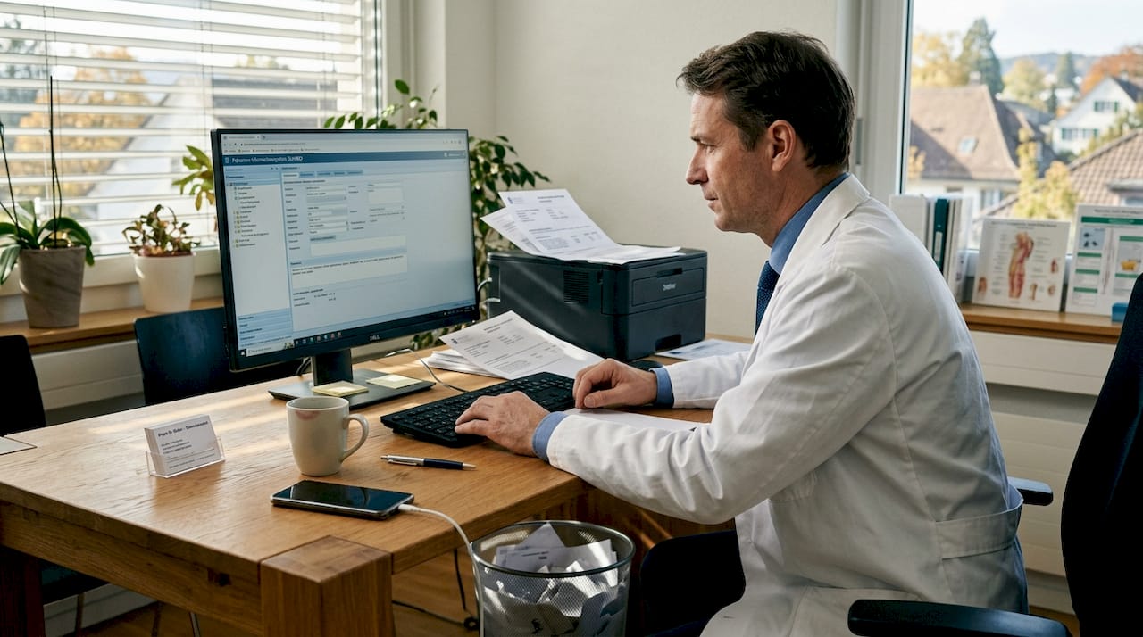 Eine Ärztin trägt am Schreibtisch des Therapiezentrums aktuelle Patientendaten in die Akten ein.