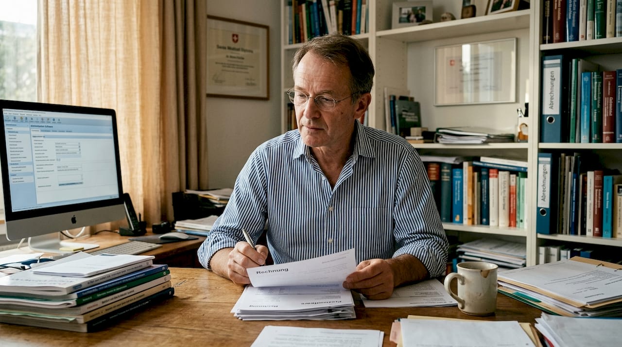 Ein Arzt prüft im Homeoffice die Abrechnungen seiner Praxissoftware.