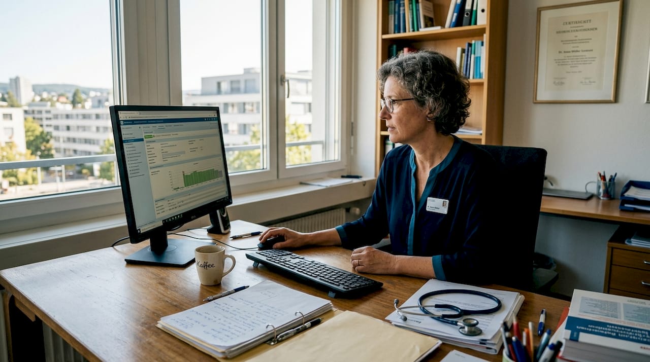 Eine Ärztin arbeitet am Computer mit der Praxissoftware in ihrem Büro.