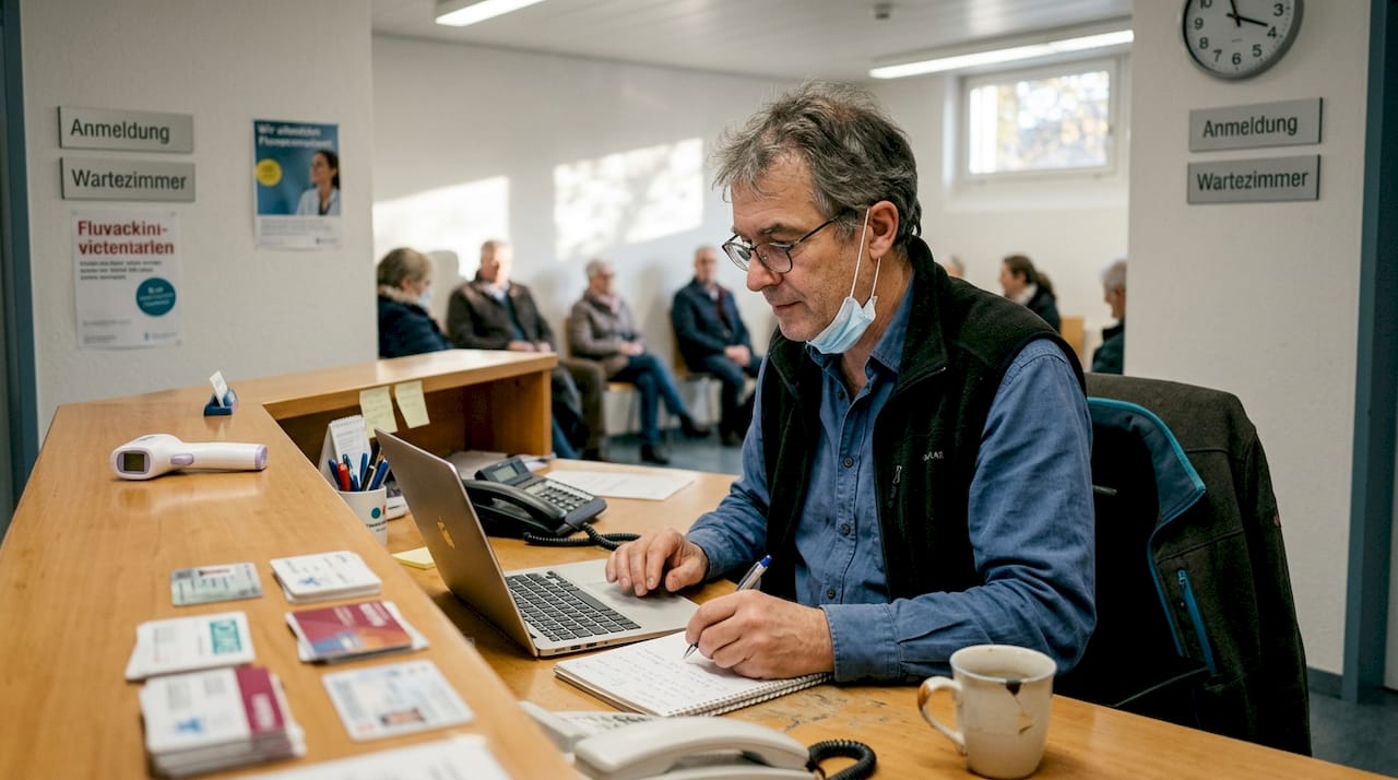 Ein Schweizer Arzt erledigt seine Arbeit am Laptop in der Praxis.