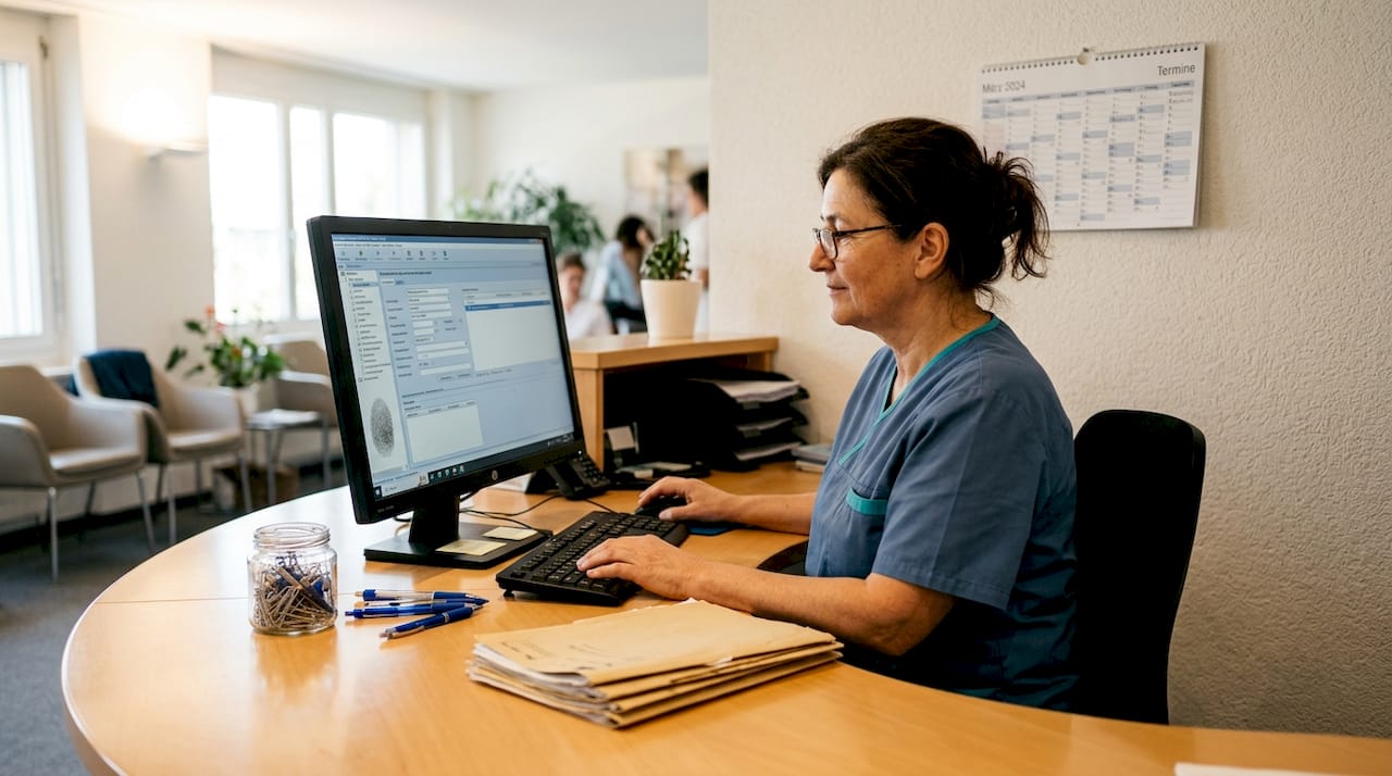 In einer Schweizer Arztpraxis sorgt eine Medizinische Fachangestellte dafür, dass die Patientendaten stets auf dem aktuellen Stand sind.