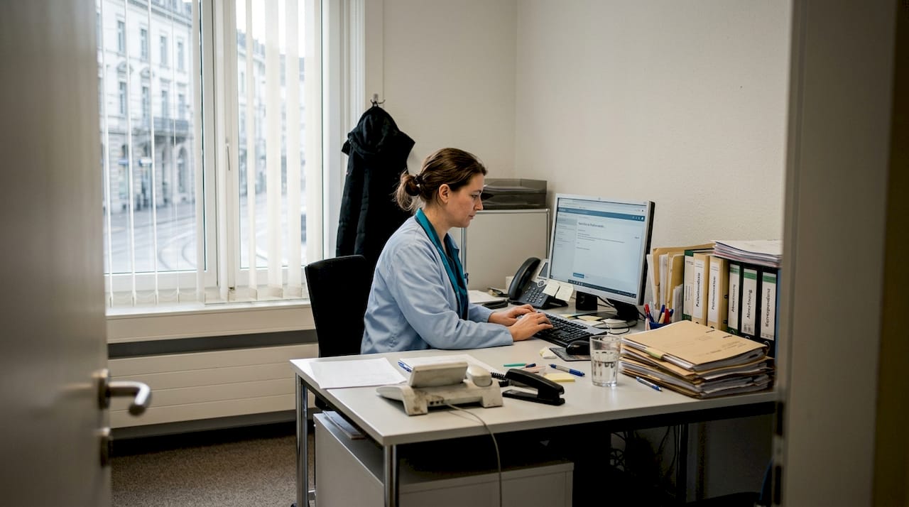 Eine Mitarbeiterin der Praxis verfasst am Schreibtisch eine Nachricht am Computer.