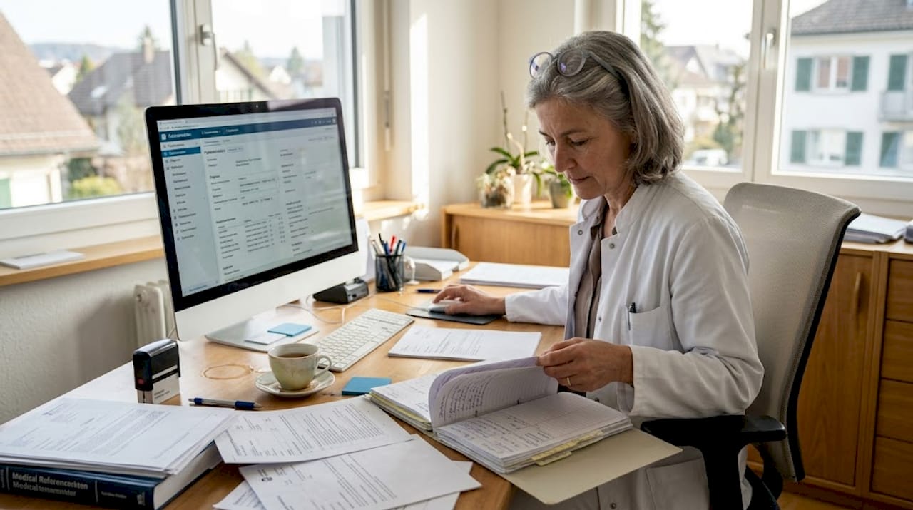 Eine Ärztin sitzt an ihrem Schreibtisch und bearbeitet Patientenunterlagen.