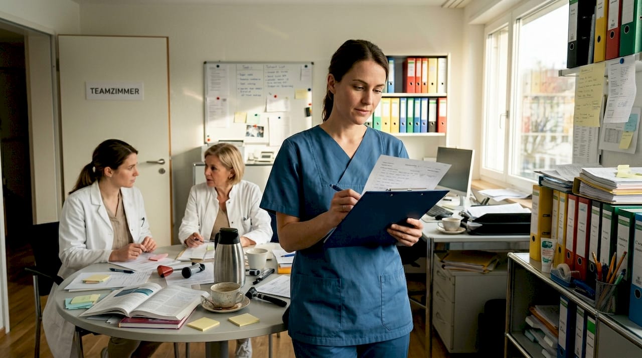 Das Praxisteam tauscht sich im Aufenthaltsraum über die kleinen Dinge des Arbeitsalltags aus.