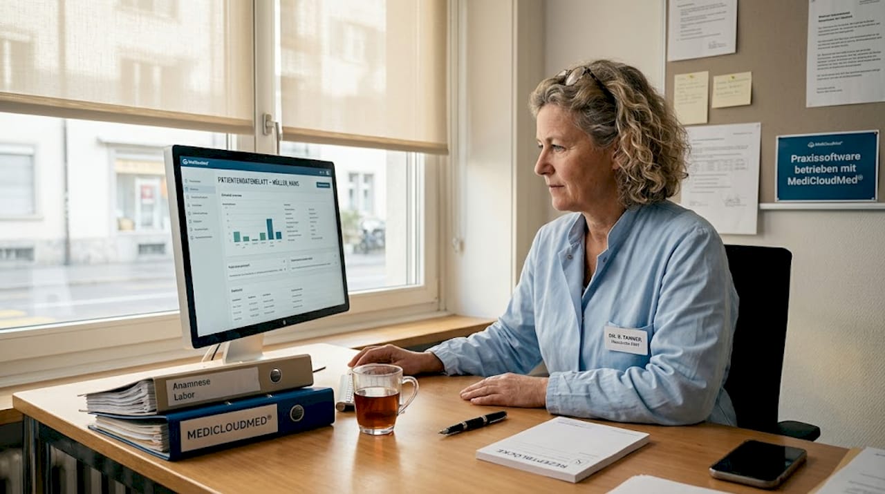 Ein Schweizer Arzt wirft in der Praxis einen Blick auf die Patientenakte.