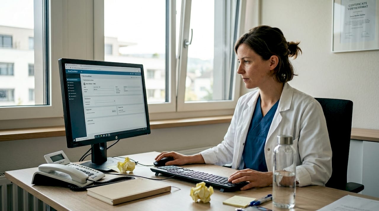 Im Praxisalltag dokumentiert die Ärztin Patientendaten am Computer.
