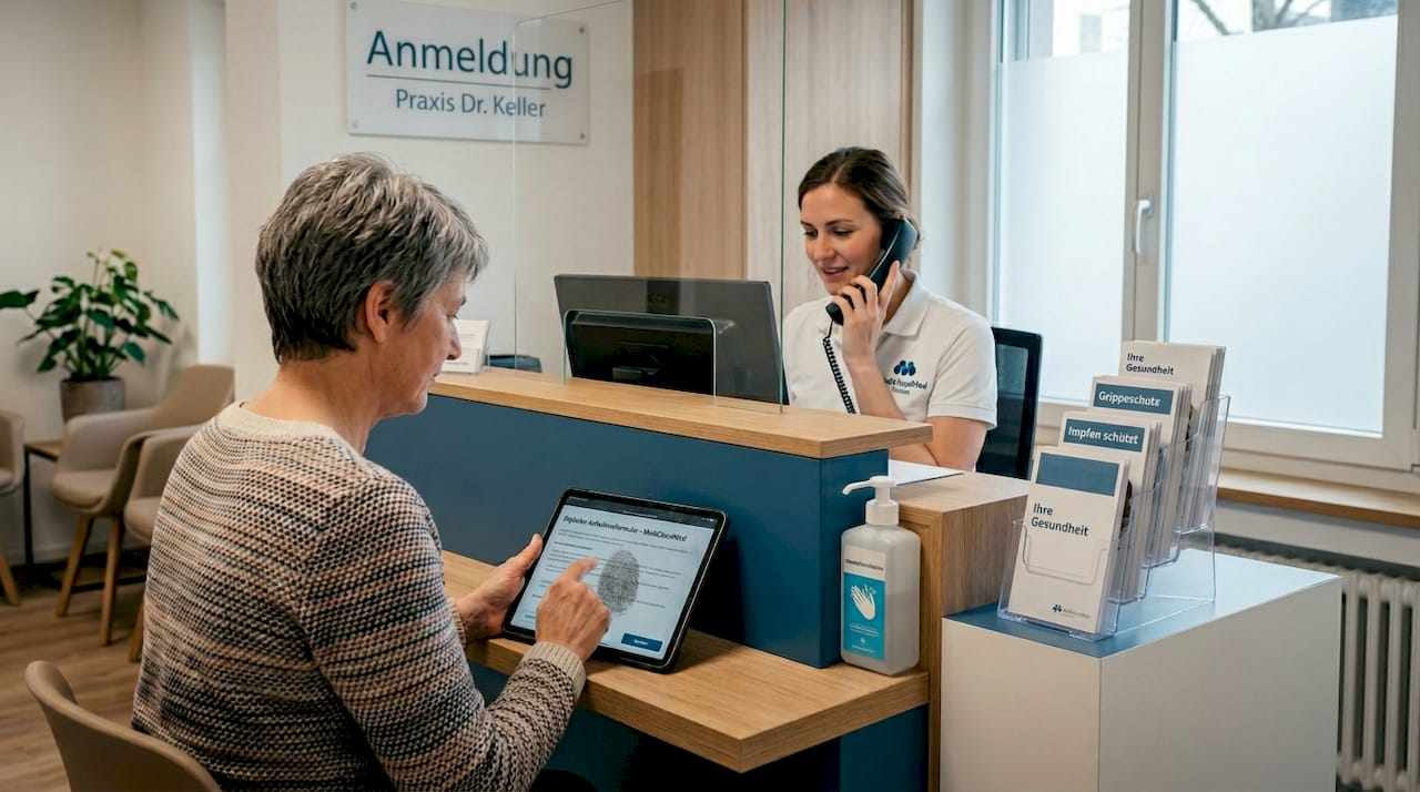 Die Patientin unterschreibt ihre digitale Einwilligung bequem direkt am Empfang.