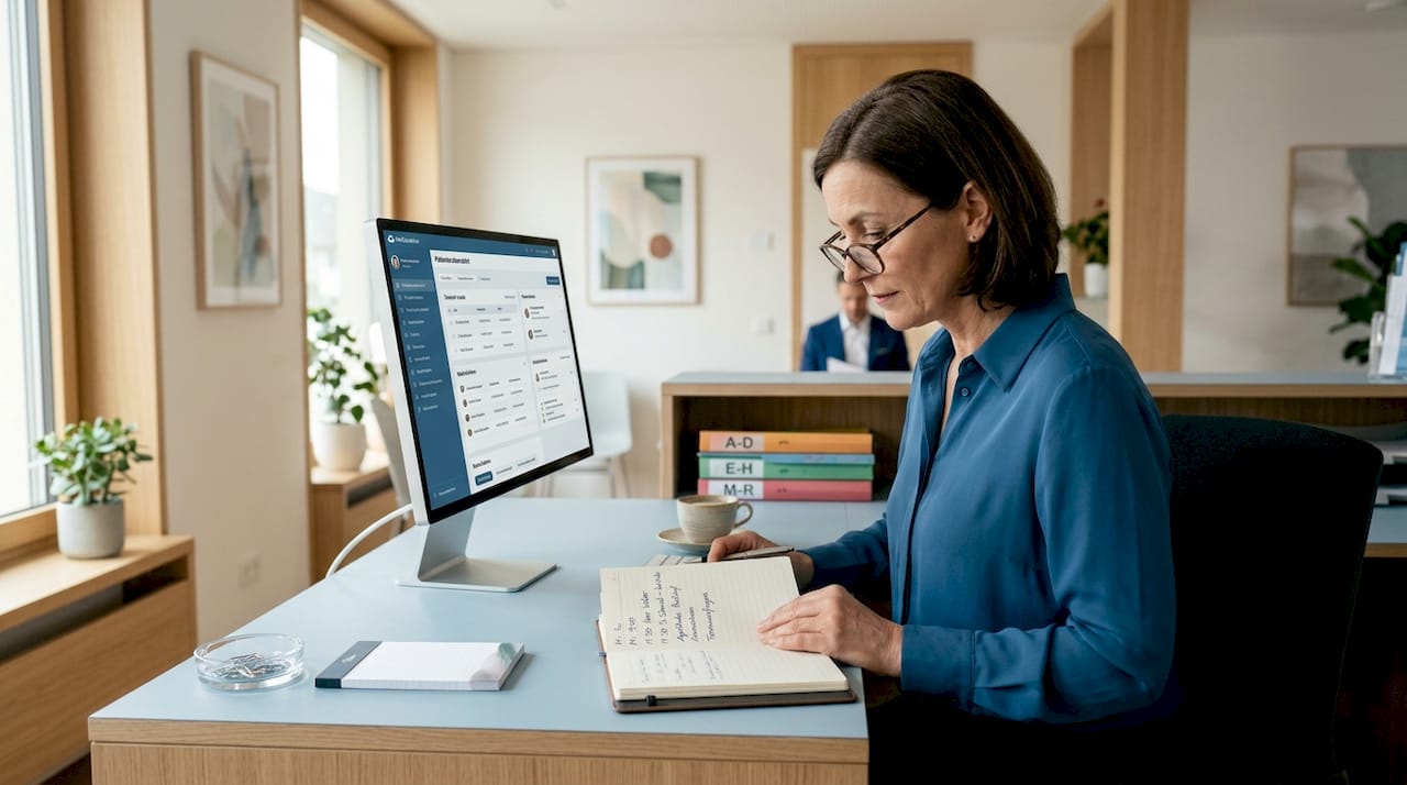 Die Praxismanagerin aktualisiert am Empfang die Software für die Praxisorganisation.