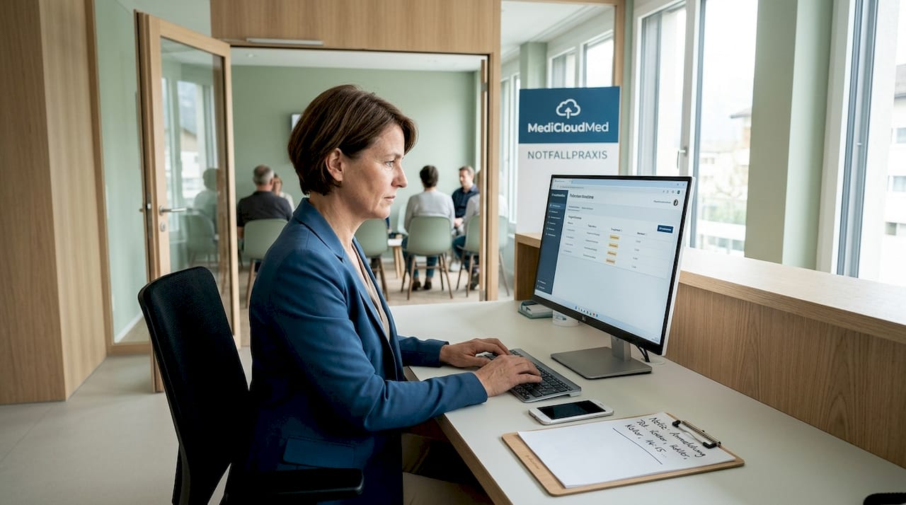 Eine Mitarbeiterin nutzt am Empfang der Praxis ein digitales Triage-Tool.