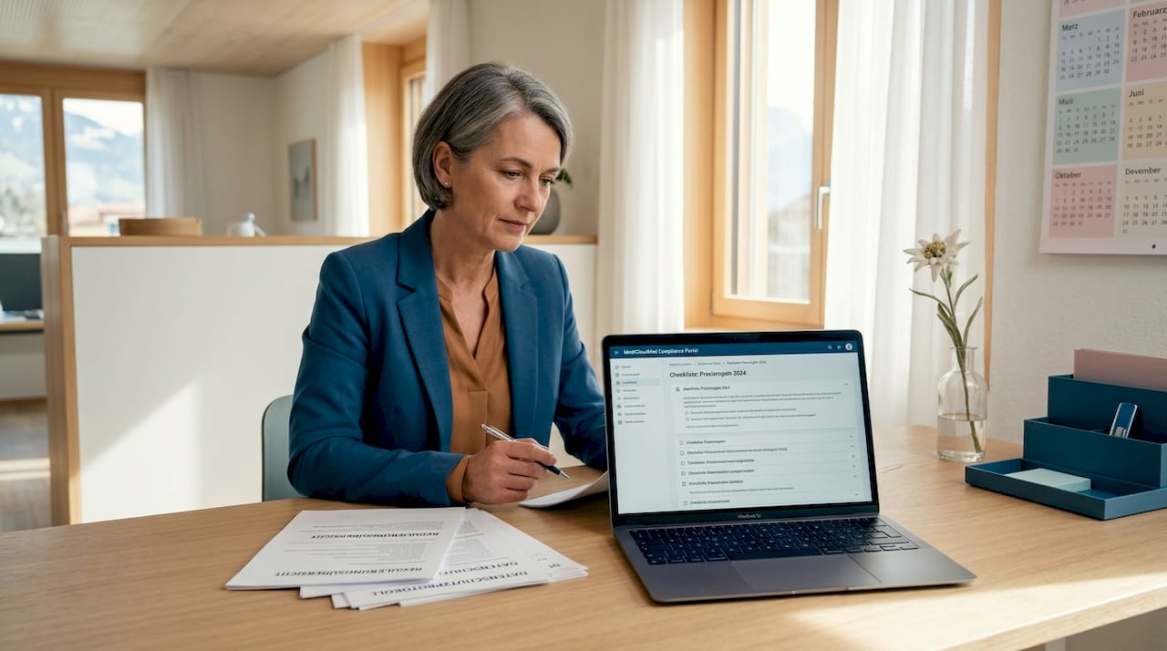 Die Praxismanagerin stellt am Schreibtisch sicher, dass alle Compliance-Vorgaben eingehalten werden.