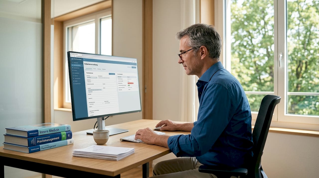 Ein Arzt arbeitet am Computer und nutzt dabei eine Praxissoftware in seinem Büro.