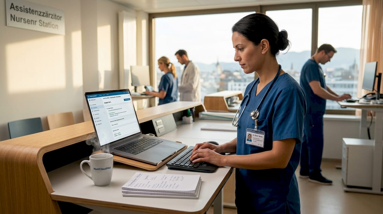 Eine Ärztin verschafft sich während ihres Klinikdienstes einen Überblick über die digitale Patientenakte.