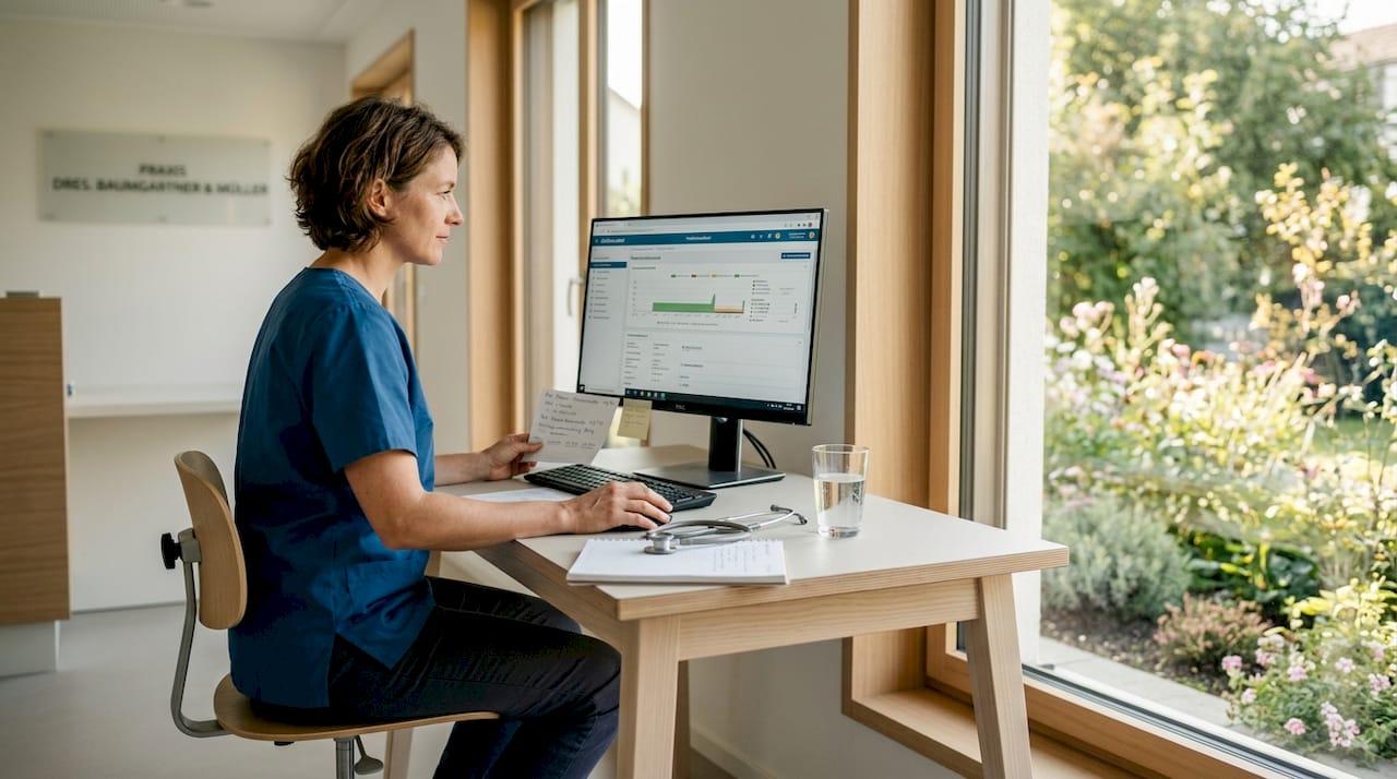 In ihrer Praxis sieht sich die Ärztin die Patientendaten am Computer an.