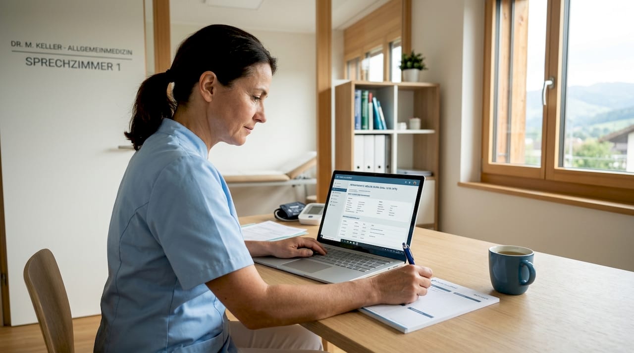 Im Büro bearbeitet die Ärztin Patientenakten und Termine am Computer mit ihrer Praxissoftware.