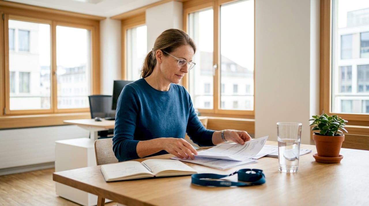 Eine medizinische Fachangestellte sortiert Abrechnungsunterlagen im Praxisbüro.