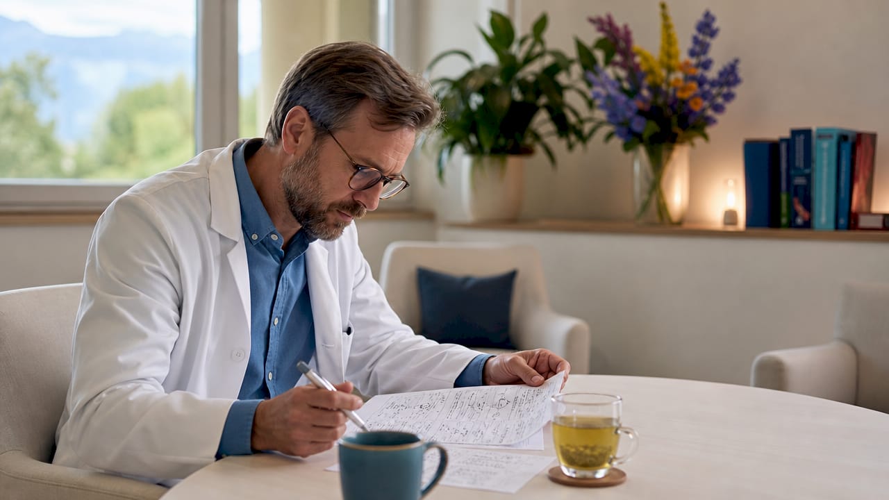 Ein Arzt sichtet die ausgedruckte Patientenakte an einem Holztisch.