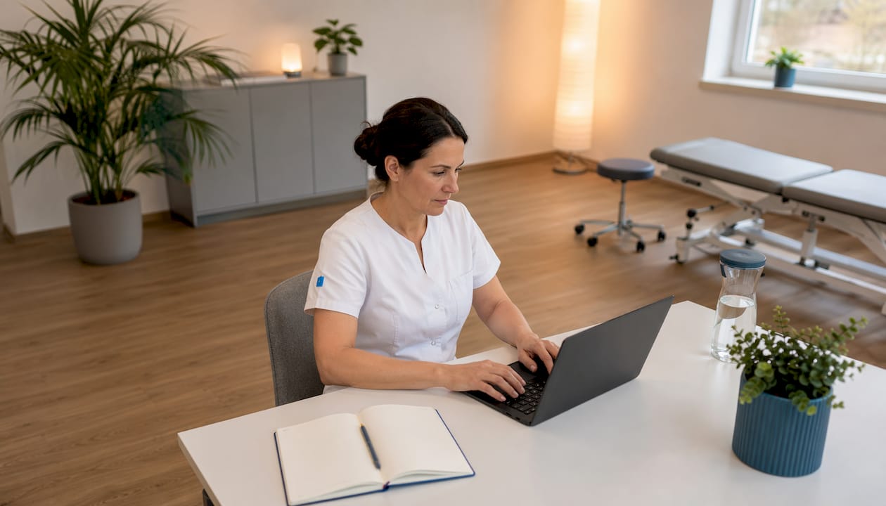 Eine Therapeutin sitzt in ihrer Praxis in der Schweiz und arbeitet am Laptop.