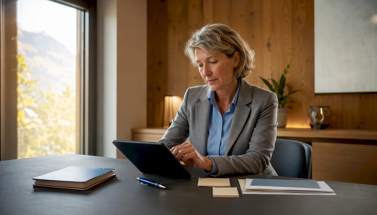 In ihrer freundlich eingerichteten Praxis nutzt die Ärztin ein Tablet für ihre Arbeit.