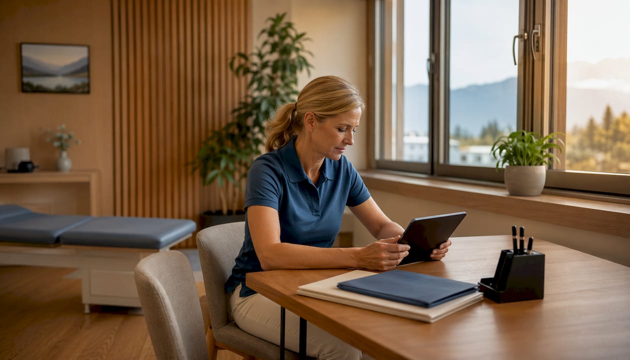 Eine Hand hält ein Tablet mit ausgeschaltetem Display.