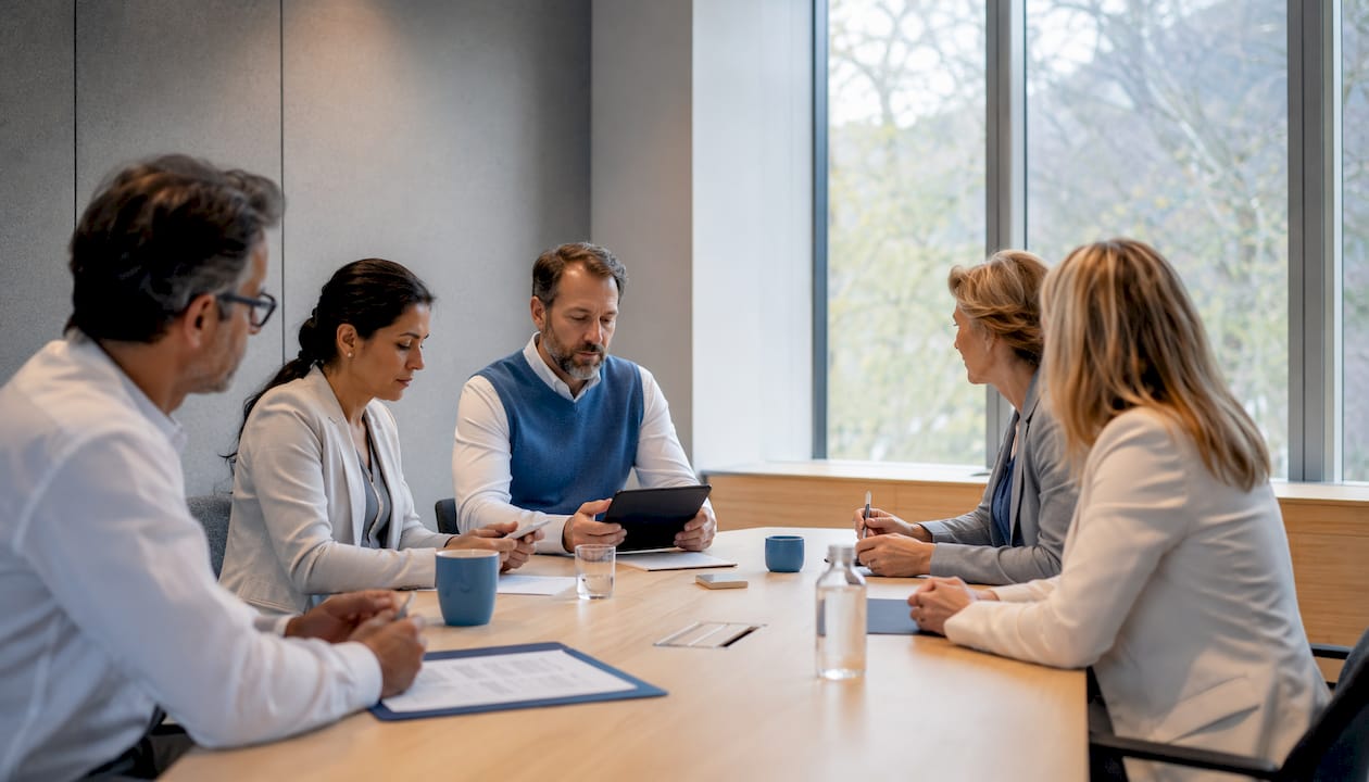 Das Team einer Schweizer Arztpraxis bei einer digitalen Teambesprechung