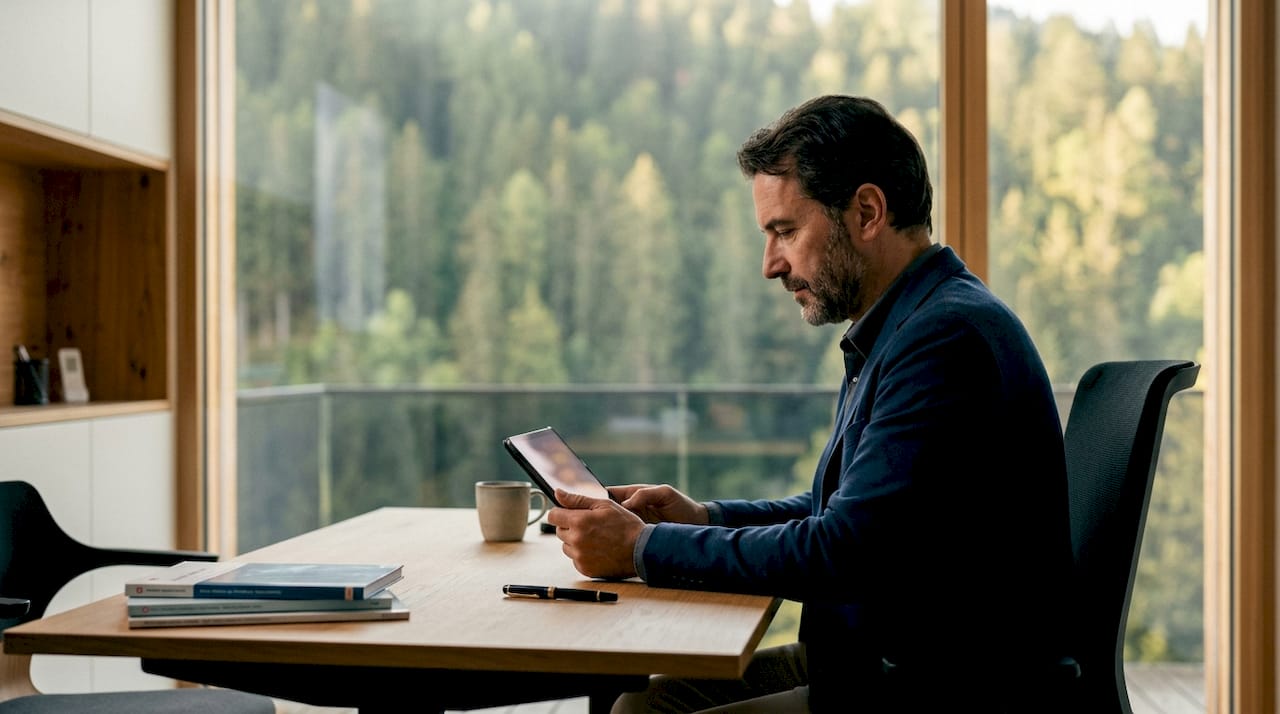 In einer modernen Schweizer Arztpraxis nutzt der Mediziner ein Tablet für seine Arbeit.