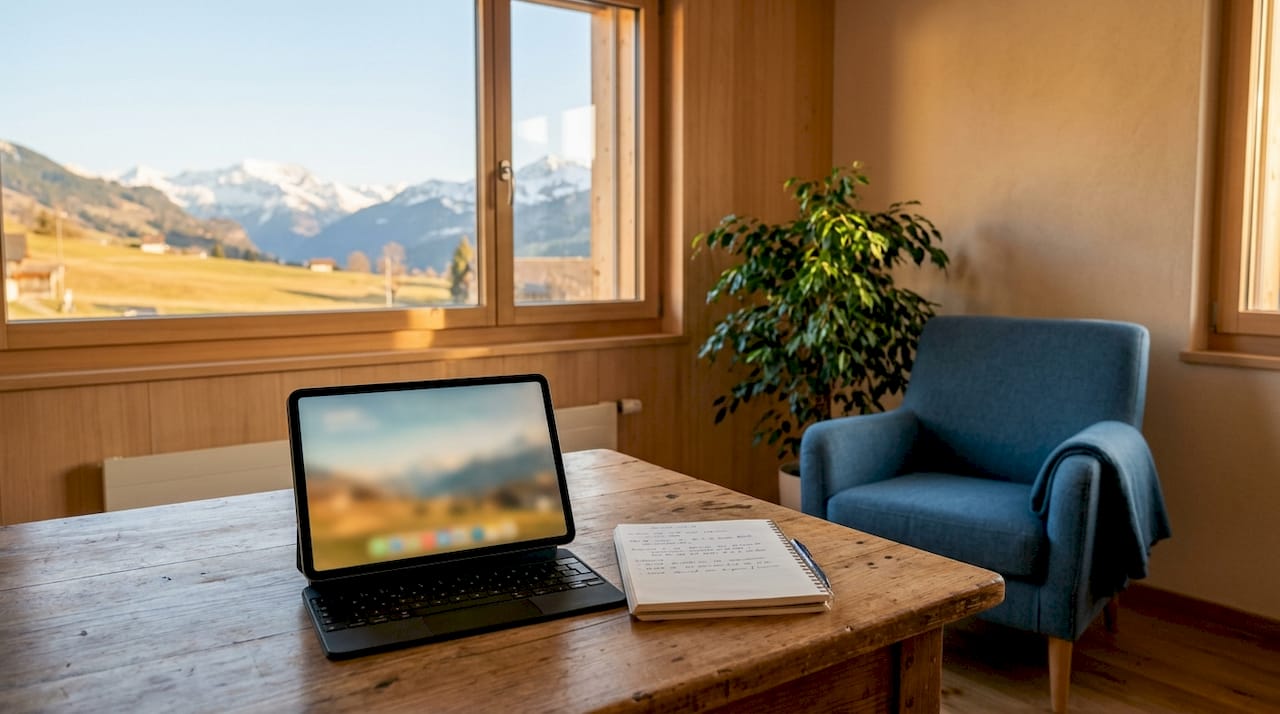 Ein heller, zeitgemäß eingerichteter Therapieraum, in dem ein Tablet auf einem Holztisch liegt.